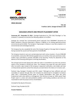 GEOLOGIX UPDATE AND PRIVATE PLACEMENT OFFER  PRESS RELEASE
