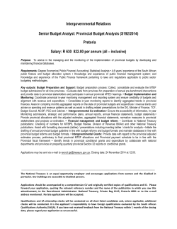 Intergovernmental Relations Senior Budget Analyst: Provincial Budget Analysis (S192/2014)  Pretoria
