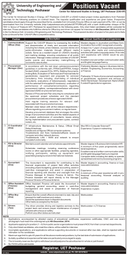 Positions Vacant University of Engineering and Technology, Peshawar