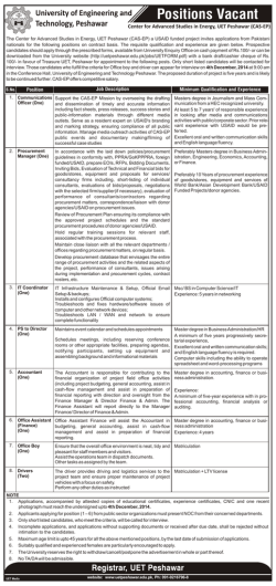 Positions Vacant University of Engineering and Technology, Peshawar