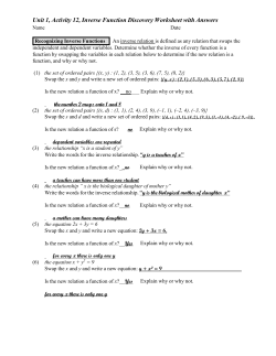 Unit 1, Activity 12, Inverse Function Discovery Worksheet with Answers
