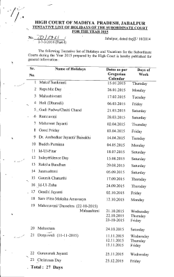 tentative calender 2015 for subordinate courts of m.p.
