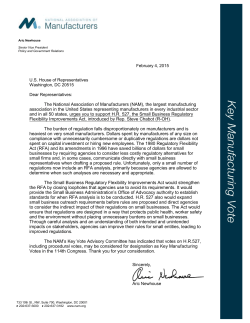 NAM Key Vote Letter to the House in support of HR 527 Small