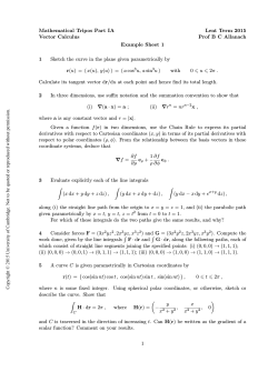 Mathematical Tripos Part IA Lent Term 2015 Vector Calculus Prof