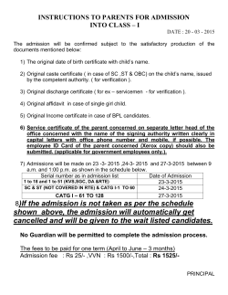 INSTRUCTIONS TO PARENTS FOR ADMISSION-class I-2015-2016