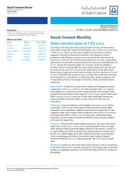 Saudi Cement Monthly Sales volumes grew at 7.2% yoy