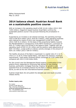 2014 balance sheet: Austrian Anadi Bank on a sustainable positive