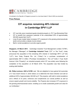 CIT acquires remaining 40% interest in Cambridge SPV1 LLP