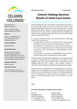 11/05/2015 Celamin Holdings Receives Results of Initial Court Action