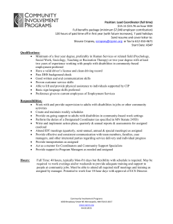 Position: Lead Coordinator (full time) $15.11
