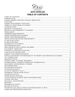 2015 CATALOG TABLE OF CONTENTS