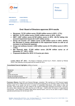 Enel: Board of Directors approves 2014 results