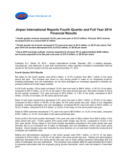 Jinpan International Reports Fourth Quarter and Full Year 2014