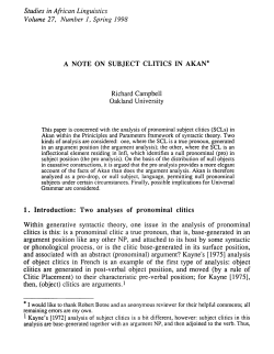 A NOTE ON SUBJECT CLITICS IN AKAN* 1. Introduction: Two
