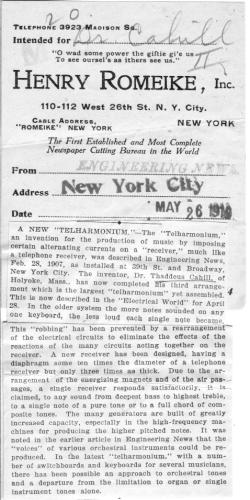 clipping "a new `telharmonium`" engineering news, may 26, 1910