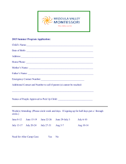 2015 Summer Program Application: Child`s Name: Date of Birth