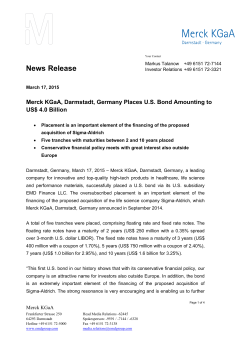 Merck KGaA, Darmstadt, Germany Places U.S. Bond Amounting to