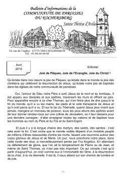Avril 2015 Editorial Joie de PÃ¢ques, Joie de l`Evangile, Joie du Christ