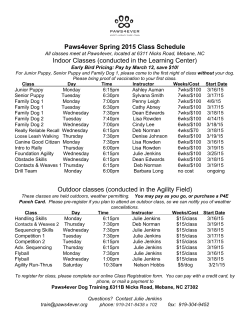 Paws4ever Spring 2015 Class Schedule Indoor Classes (conducted