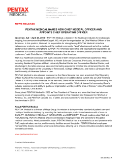 NEWS RELEASE PENTAX MEDICAL NAMES NEW CHIEF