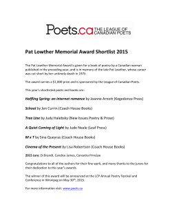 Pat Lowther Memorial Award Shortlist 2015