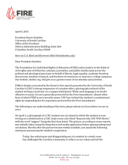 Letter from FIRE to University of South Carolina, April 8, 2015