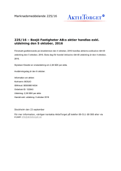 Bosjö Fastigheter AB:s aktier handlas exkl. utdelning den 5 oktober