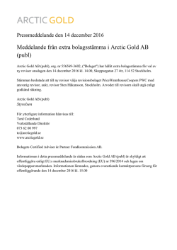 Meddelande från extra bolagsstämma i Arctic Gold AB (publ)