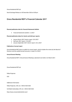 Orava Residential REIT`s Financial Calendar 2017