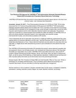 Teva Receives FDA Approval for VANTRELATM ER (hydrocodone