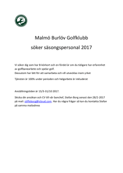 Malmö Burlöv Golfklubb söker säsongspersonal 2017