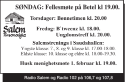 SØNDAG: Fellesmøte på Betel kl 19.00.