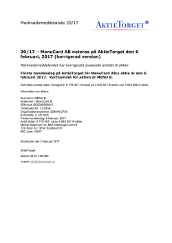 MenuCard AB noteras på AktieTorget den 6 februari, 2017