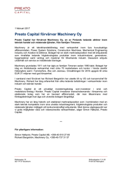Preato Capital förvärvar Machinery Oy
