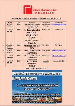 Prireditve v Rdeči dvorani v marcu 2017. Vabljeni!