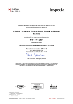 LUKOIL Lubricants Europe GmbH, Branch in Finland Hamina ISO
