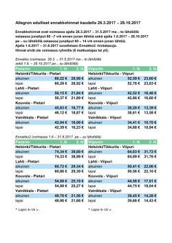 Allegron edulliset ennakkohinnat kaudella 26.3.2017 ̶ 28.10