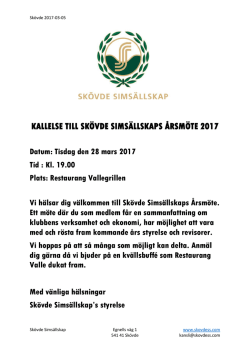 KALLELSE TILL SKÖVDE SIMSÄLLSKAPS ÅRSMÖTE 2017